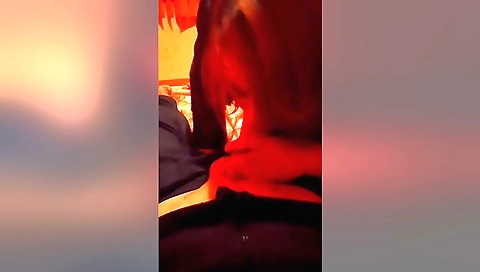 Red-head babe in lingerie shows her amazing good blowjob skills