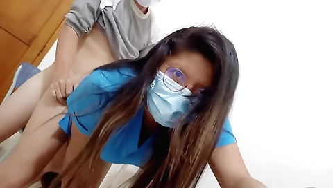 Amateur brunette enjoys playing with his dick in the office