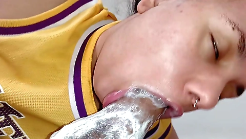 Indian slut with large boobs sucks deep throat and cums