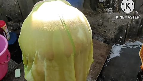 Amorous brunette fucks on a outdoor after her shower