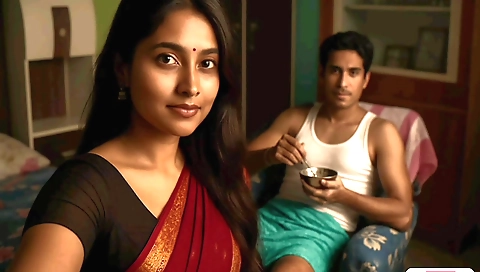 Indian brunette with a cute face is with her husband