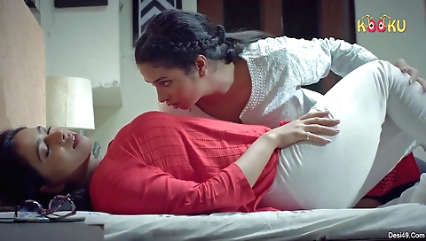 Young and old lesbian sex in the bedroom with big tits